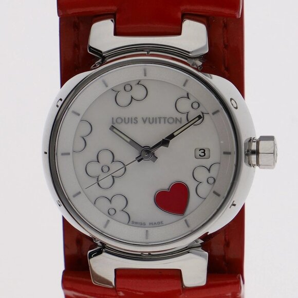 WATCH LOUIS VUITTON Q121A1 Tambour Lovely Heart white SS/leather QZ - Picture 1 of 10
